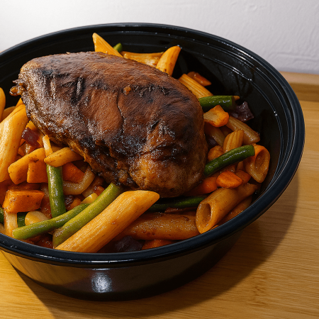 Jollof Pasta, Honey Glazed Grilled Chicken & Veggies - 600kcal